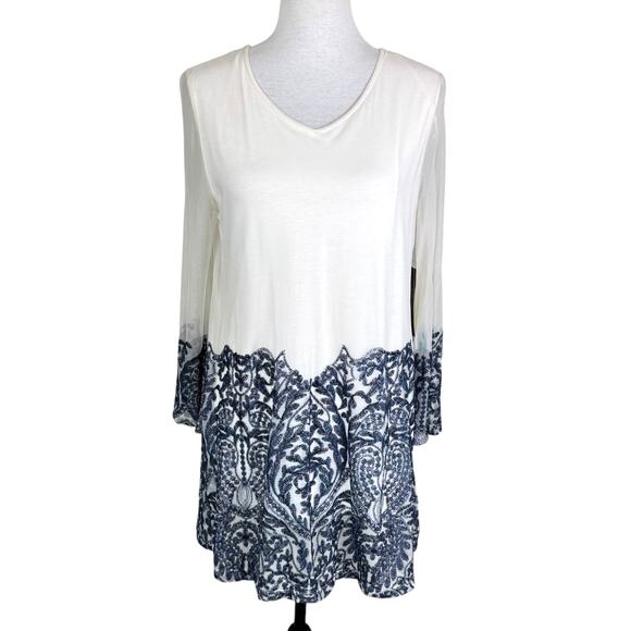 Ali Miles NWT White Mesh Overlay Navy Embroidered Long Sleeve Boho Tunic Top - Picture 1 of 13